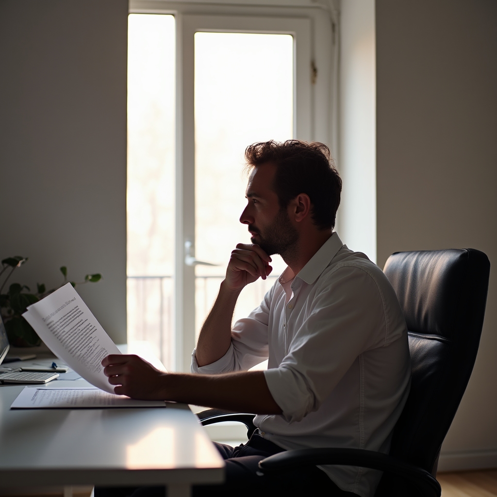 Consulente professionista che riflette su un preventivo in un ufficio luminoso e minimale
